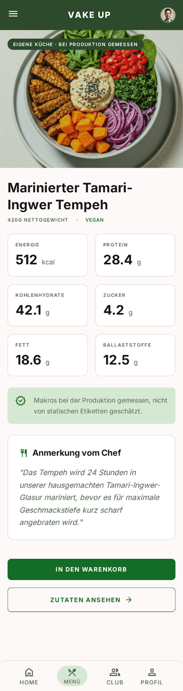 Mahlzeit-Details in der Vake Up App